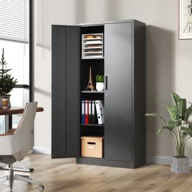 71 Inch H Metal Garage Storage Cabinet, Black Tool Steel Locking Cabinet With Doors And 3 Shelves