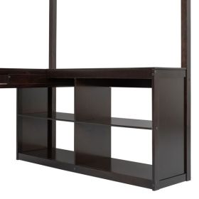 Full Wooden Loft Bed with U-shaped Desk,Storage Compartments and Tri-fold Mirror, Espresso