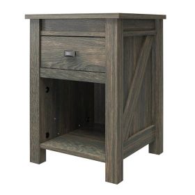 Farmhouse 1-Drawer Bedroom Nightstand with Open Shelf in Rustic Oak (Color: Grey)