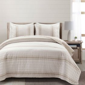 King Size White 3 Piece Stripe Reversible Cotton Quilt Set (Color: Beige)
