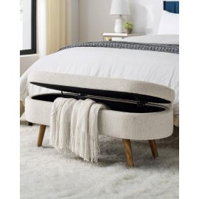Mid-Century Modern Boho Style Linen Bedroom Storage Bed Bench (Color: off white beige)