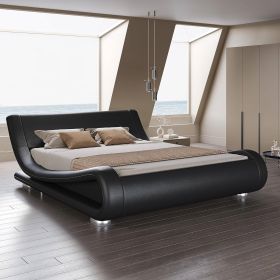 Full Modern Upholstered Platform Bed Frame with Sleigh Curved Headboard (Color: Black)