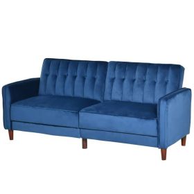 Mid-Century Modern Futon Sleeper Sofa Bed in Velvet Upholstery (Color: Blue)