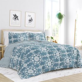 Full/Queen size 3-Piece Reversible Floral Striped Comforter Set (Color: blue and white)