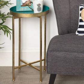 Gold Finish Metal Round End Table Nightstand with Removable Tray Top (Color: teal)