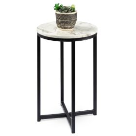 Round Cross Leg Design Coffee Side Table Nightstand with Faux Marble Top White/ (Color: matte black)