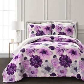 Full/Queen Flowers Lightweight Polyester Microfiber Quilt Set (Color: purple grey)