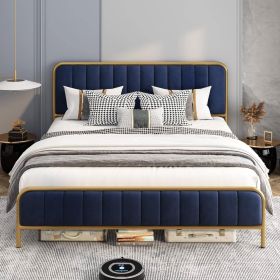 Queen Gold Metal Platform Bed Frame with Velvet Upholstered Headboard (Color: Navy blue)