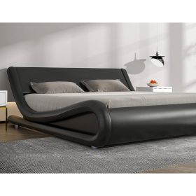 Queen Modern Faux Leather Upholstered Platform Bed Frame with Headboard (Color: Black)