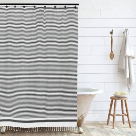 72-inch Stripe Cotton Shower Curtain with Boho Farmhouse Tassels (Color: white black)