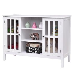 Wood Sofa Table Console Cabinet with Tempered Glass Panel Doors (Color: White)