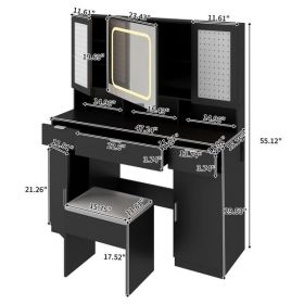 Large Vanity Table Set with LED Lighted Mirror and 2 DIY Pegboards, 5 Hooks, Vanity Desk with Charging Station, Makeup Table with Drawers (Color: as picture)