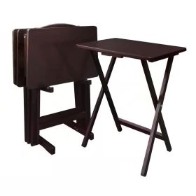 Set of 4 - Folding TV Tray Table Set with Stand in  Wood Finish (Color: dark brown)